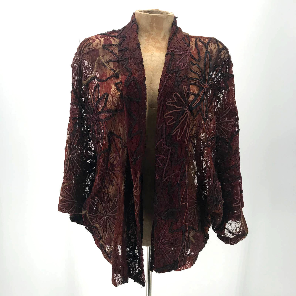 Chicos Lace Cardigan S/M Brick Red 3/4 Dolmen Slv